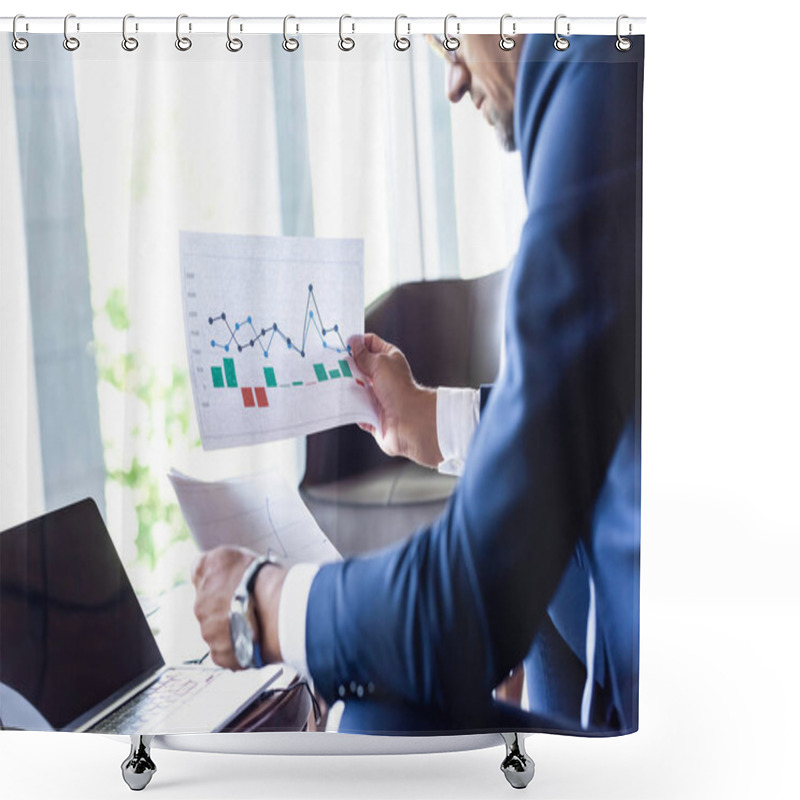 Personality  Cropped View Of Man In Formal Wear Looking At Papers With Charts And Graphs Shower Curtains