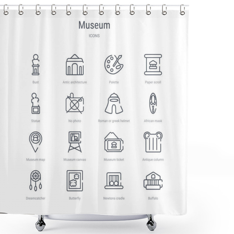 Personality  Set Of 16 Museum Concept Vector Line Icons Such As Buffalo, Newt Shower Curtains