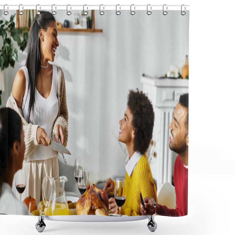 Personality  A Joyful Gathering Of Friends Celebrating Thanksgiving With A Festive Meal And Lively Conversation. Shower Curtains