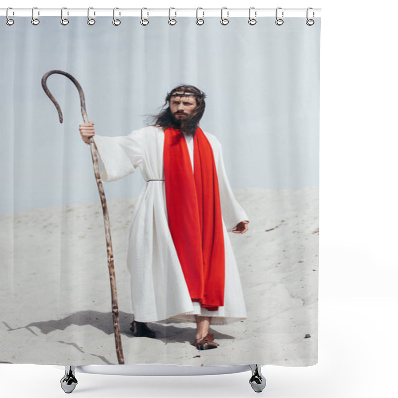 Personality  Jesus In Robe, Red Sash And Crown Of Thorns Standing With Wooden Staff In Desert And Looking Away Shower Curtains