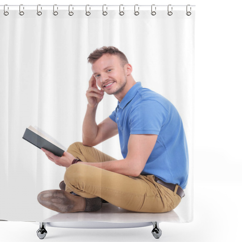 Personality  Young Man Sits On The Floor And Holds Book Shower Curtains