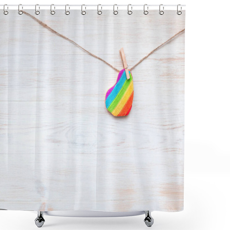 Personality  One Rainbow Heart-shaped Pillow On Clothespin On Wooden Border. Valentines Day Concept. Background For LGBT. Shower Curtains