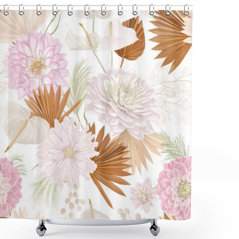 Personality  Watercolor Dahlia Flower, Palm Leaves, Pampas Grass, Lunaria Vector Seamless Background. Jungle Dried Flowers Shower Curtains