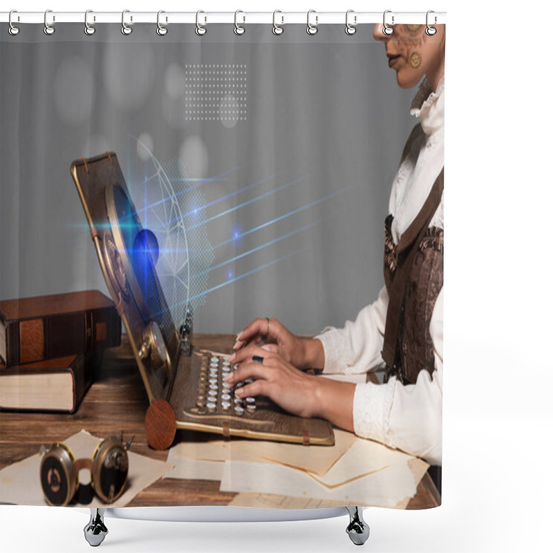 Personality  Cropped View Of Woman Typing On Steampunk Laptop At Table With Glowing Illustration Isolated On Grey Shower Curtains