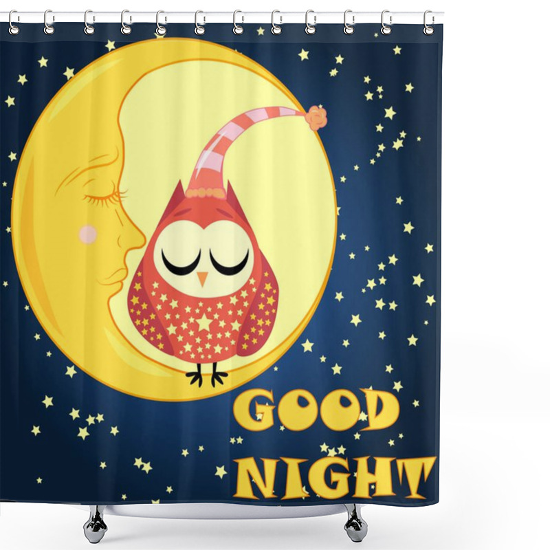 Personality  Good Night. Postcard With A Dormant Crescent, A Cute Cartoon Owl And Text. Shower Curtains