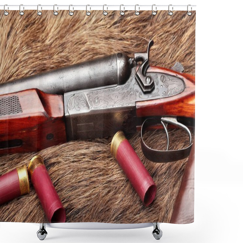 Personality  Hunting Retro Shotgun Closeup With Shotgun Shells.Selective Focus.Concept Hunting Shower Curtains