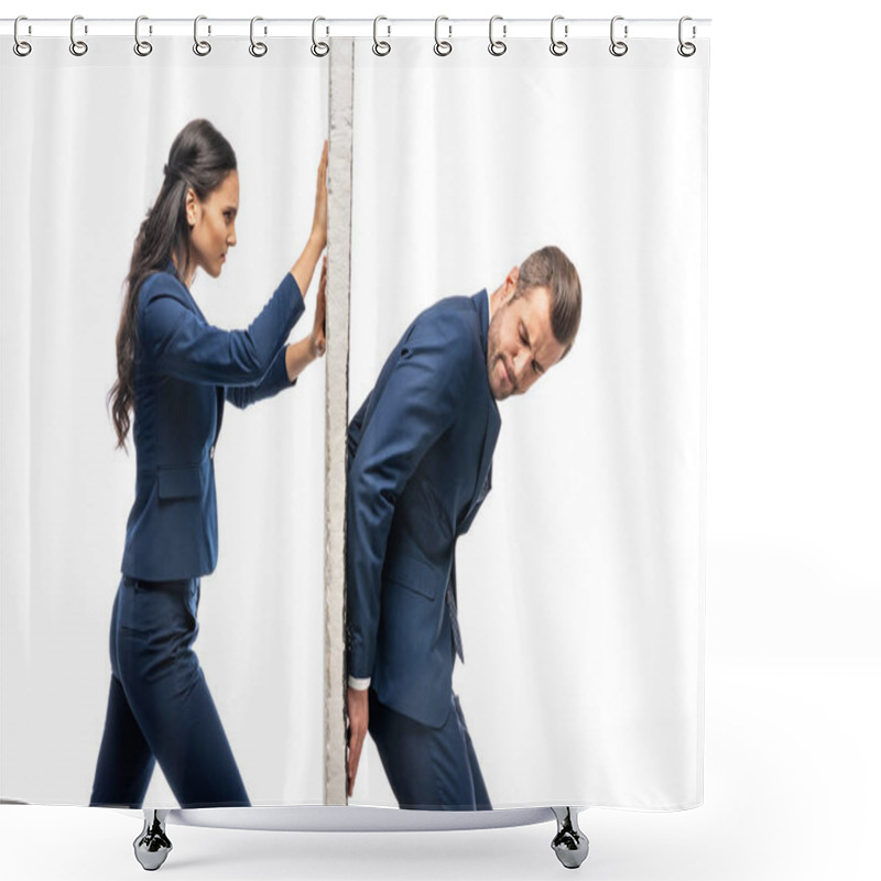 Personality  Businessman And Businesswoman In Suits Pushing Wall Isolated On White Shower Curtains