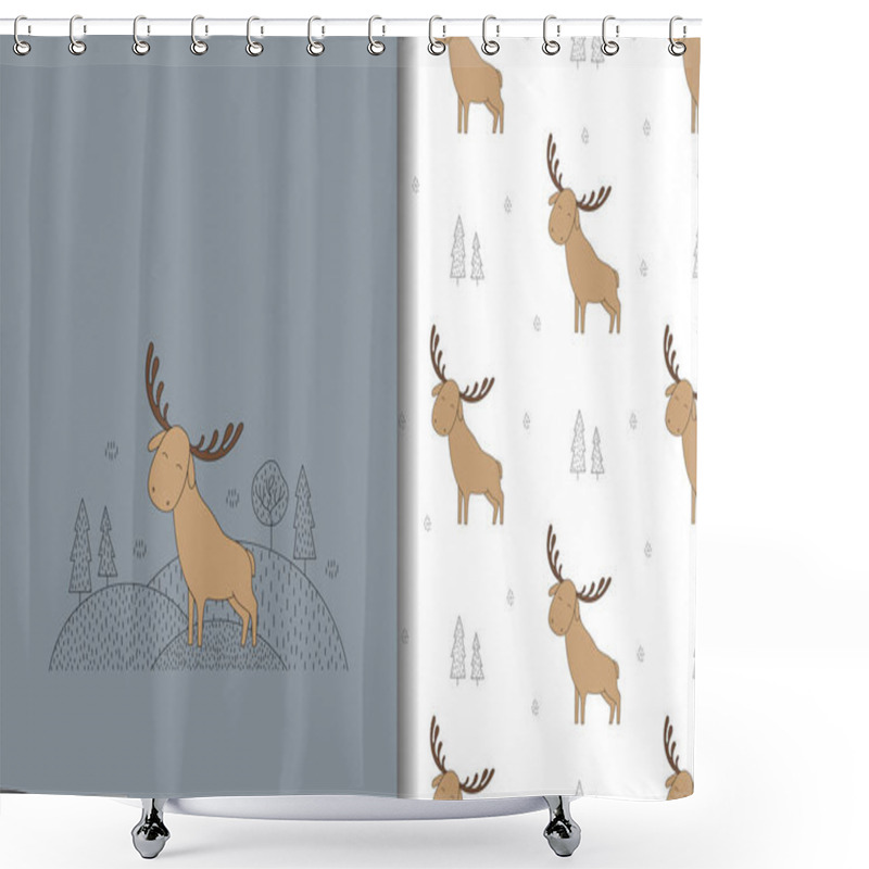 Personality  Cute Moose Hand Drawn Card And Seamless Pattern. Illustration For Kids. Shower Curtains