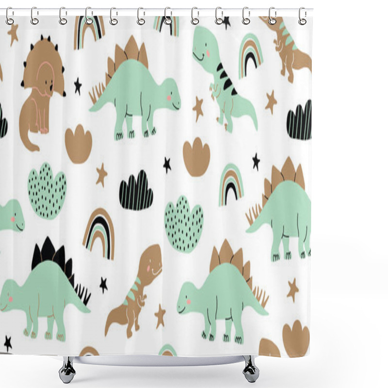 Personality  Scandinavian Dino Dinosaur Seamless Pattern Shower Curtains