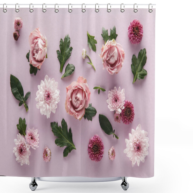 Personality  Top View Of Blooming Spring Chrysanthemums And Roses With Leaves On Violet Background Shower Curtains