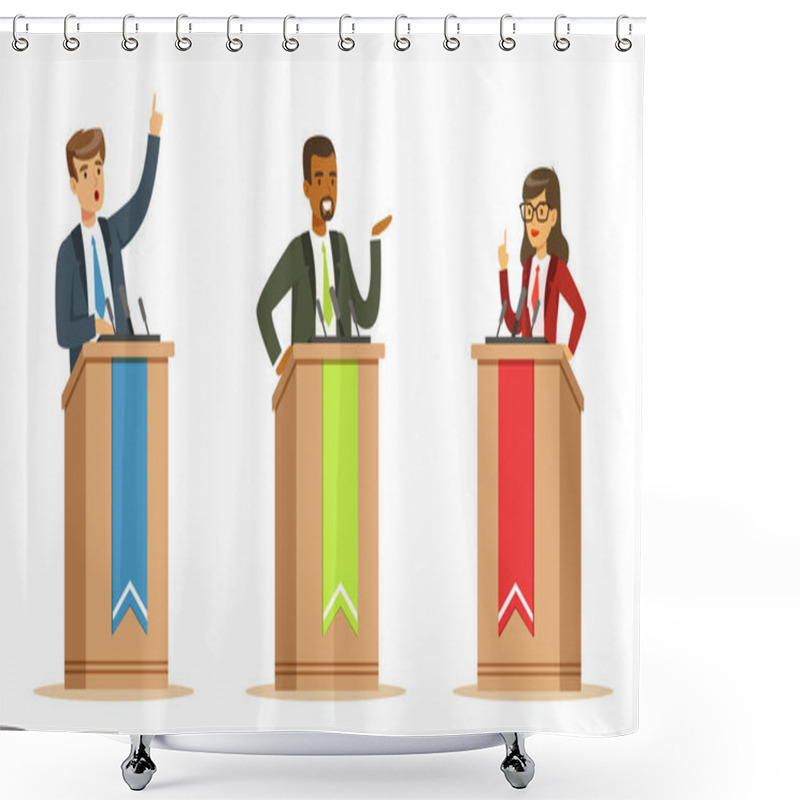 Personality  Young Politician Male And Female Speakers Behind Rostrum In Debates Vector Illustration Set Isolated On White Background Shower Curtains