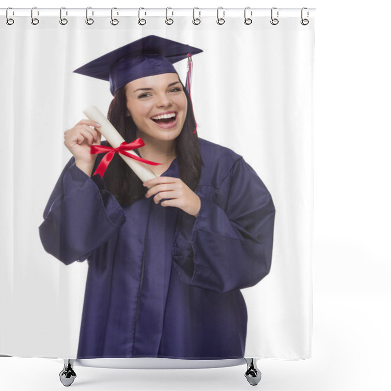 Personality  Mixed Race Graduate In Cap And Gown Holding Her Diplom Shower Curtains