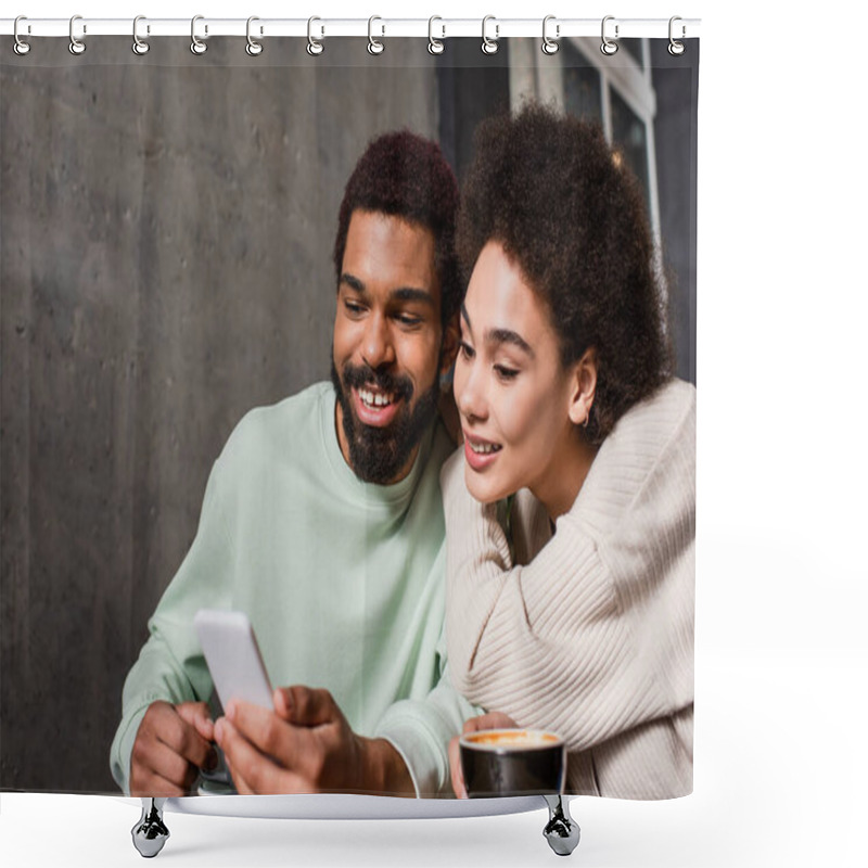 Personality  Positive African American Couple Using Blurred Smartphone Near Coffee In Cafe  Shower Curtains