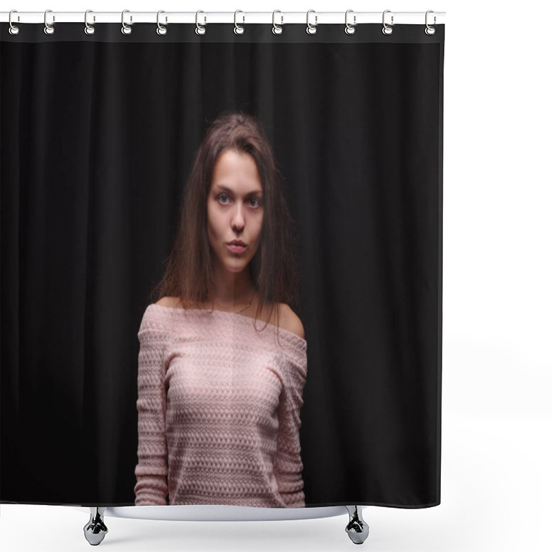 Personality  Sad Woman Holding Tangled Hair On The Black Background. Tuft Of Hair On A Girls Hand. Hair Loss Concept. Copy Space. Shower Curtains