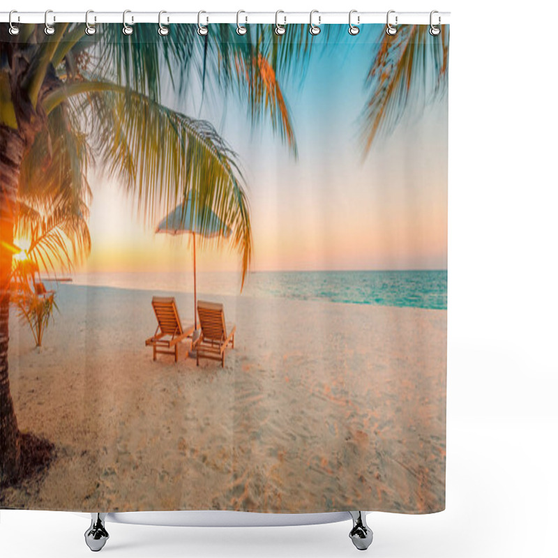 Personality  Beautiful Beach Background For Summer Travel With Sun, Coconut Tree And Beach Wooden Bed On Sand With Beautiful Blue Sea And Blue Sky. Summer Mood Sun Beach Background Concept. Shower Curtains