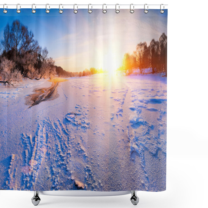 Personality  Sunrise Over The Frozen River - Winter Landscape Shower Curtains