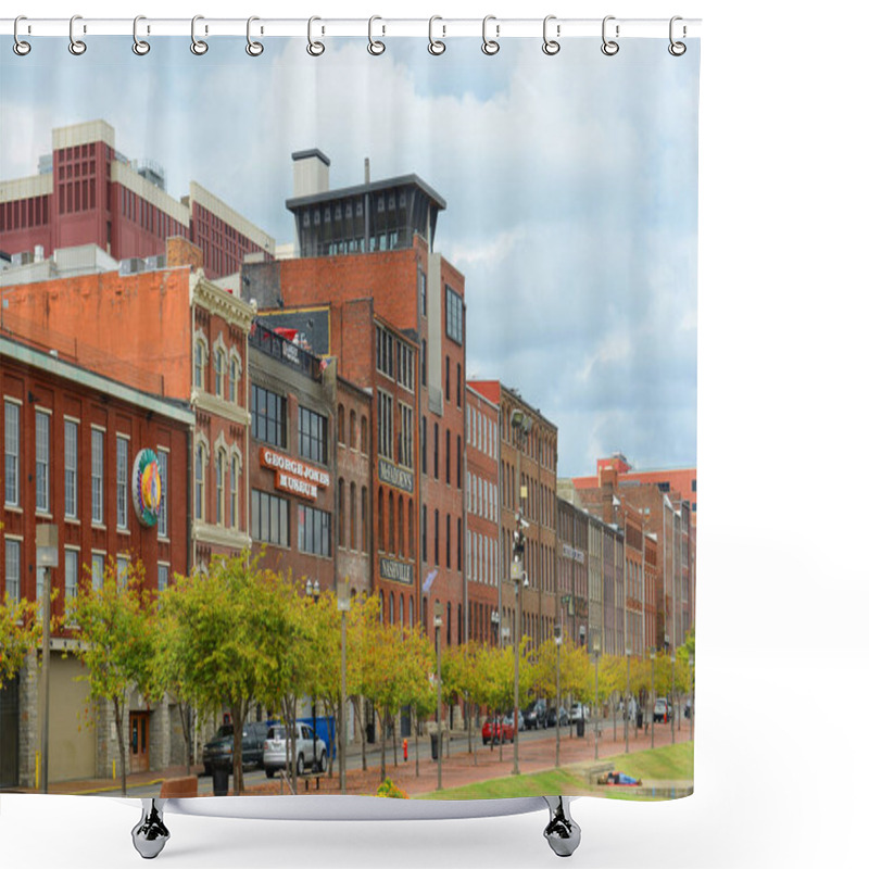 Personality  Historic 1st Avenue At The Riverfront Of Cumberland River In Downtown Nashville, Tennessee, USA. Shower Curtains