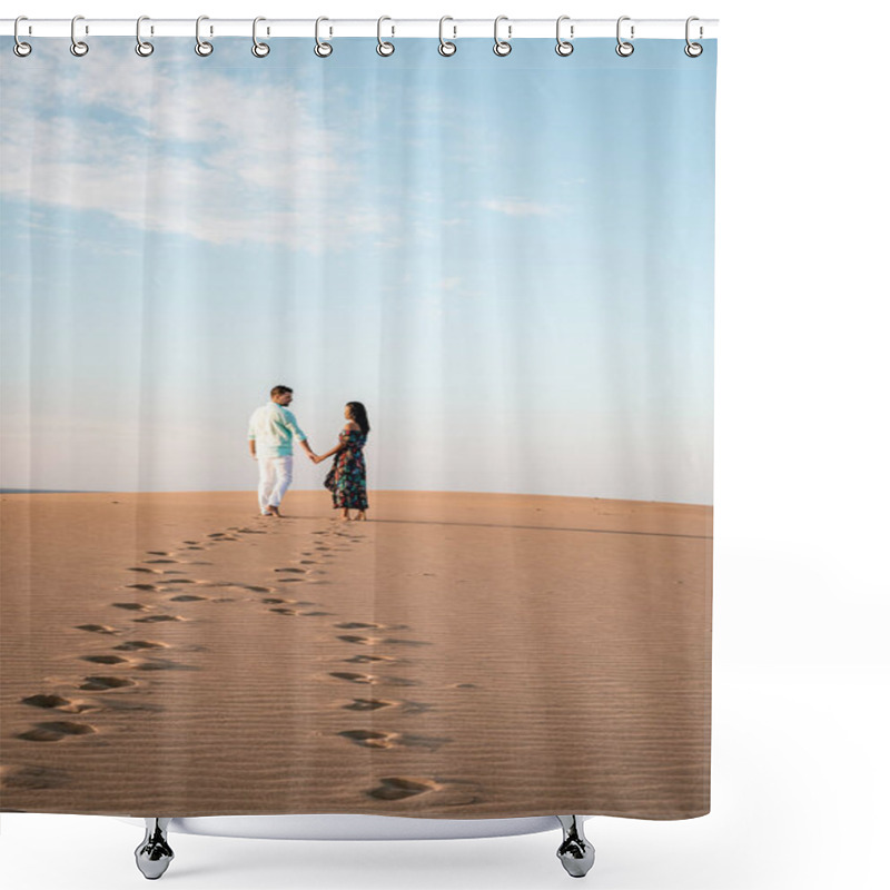 Personality  Couple Walking At The Beach Of Maspalomas Gran Canaria Spain, Men And Woman At The Sand Dunes Desert Of Maspalomas Shower Curtains