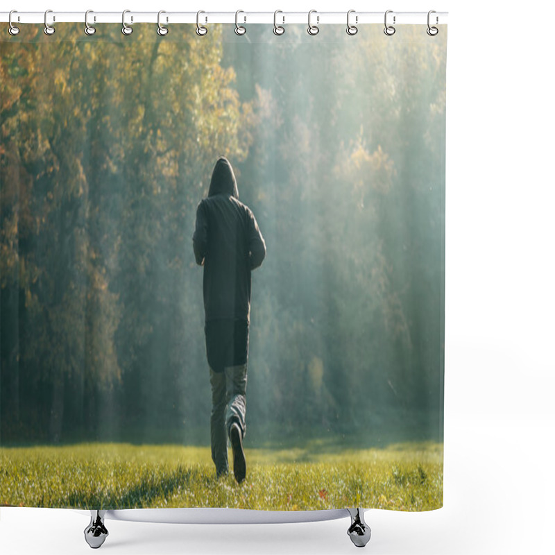 Personality  Hooded Man Jogging In The Park In Early Autumn Morning Shower Curtains