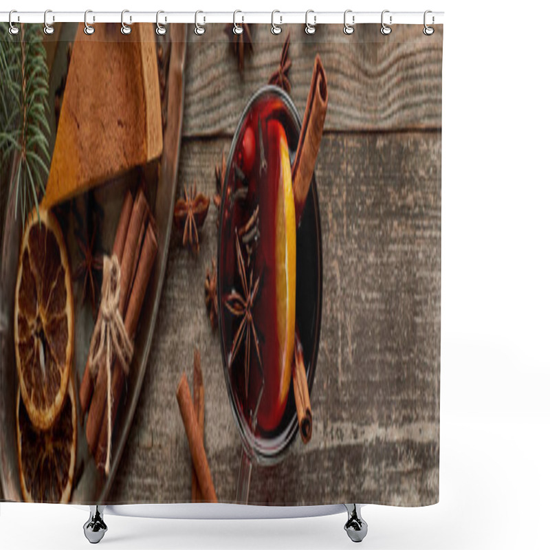 Personality  Top View Of Red Spiced Mulled Wine Near Fir Branch, Pie, Berries, Anise, Orange Slices And Cinnamon On Wooden Rustic Table, Panoramic Shot Shower Curtains