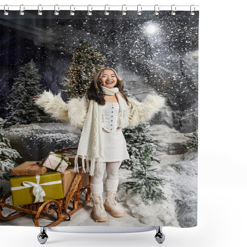 Personality  A Cheerful Woman Dressed Warmly, Amid A Snowy Landscape, Enjoys The Holiday Spirit. Shower Curtains