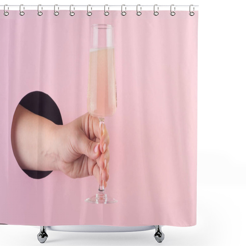 Personality  Hand Holds A Glass Of Champagne Through A Hole In Paper Pink Bac Shower Curtains