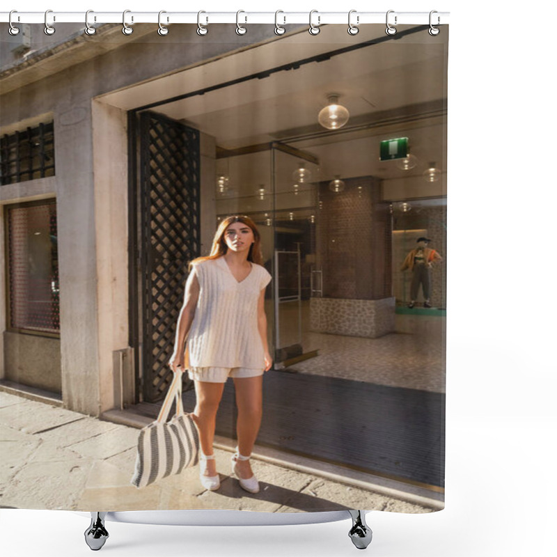 Personality  Full Length Of Trendy Woman With Striped Bag Near Entrance Of Building In Venice Shower Curtains