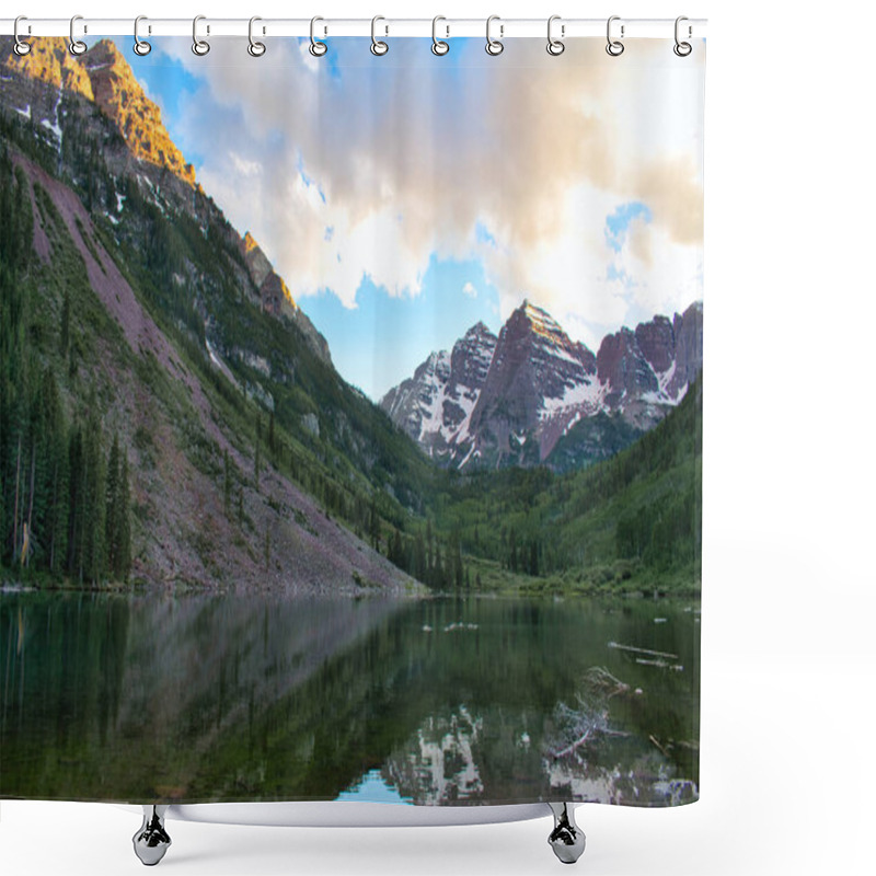 Personality  Hillside At Maroon Bells. The Lake Reflects The Peaks At Sunset. Beautiful Golden Hour Sky, Water Reflections, And Colorful Peaks Visible Shower Curtains