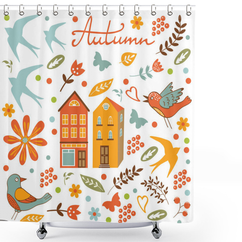 Personality  Autumn Set With Birds, Flowers And Leaves Shower Curtains