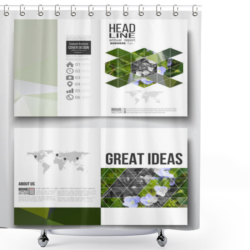 Personality  Set Of Business Templates For Brochure, Magazine, Flyer, Booklet Or Annual Report. Polygonal Floral Background, Blurred Image, Blue Flowers In Green Grass Closeup, Modern Triangular Texture Shower Curtains