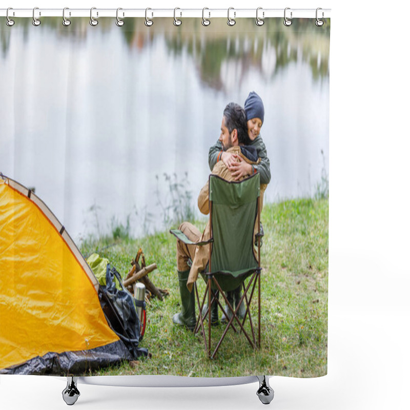 Personality  Father And Son Hugging In Camping Shower Curtains