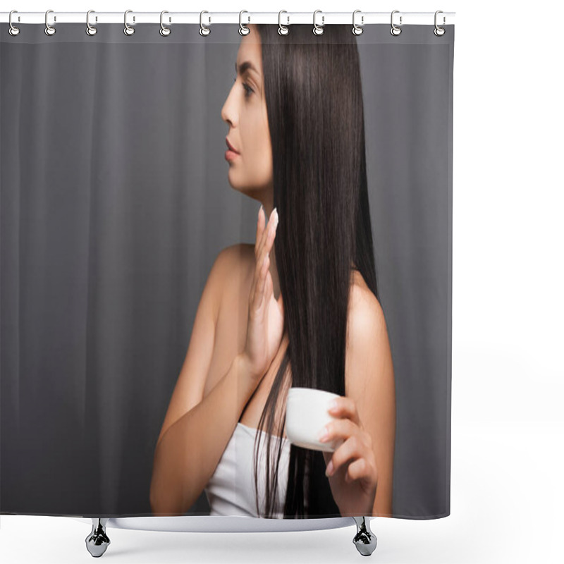 Personality  Brunette Long Haired Woman Holding Hair Mask Isolated On Black Shower Curtains