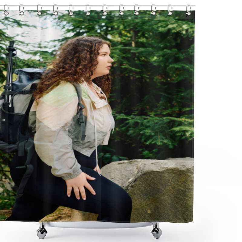 Personality  A Confident Plus Size Woman Explores The Rich Beauty Of Nature In A Lush Green Environment. Shower Curtains