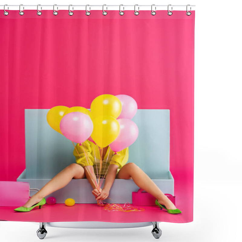 Personality  Young Woman As Doll Holding Balloons And Sitting In Blue Box With Balls And Shopping Bags, On Pink Shower Curtains