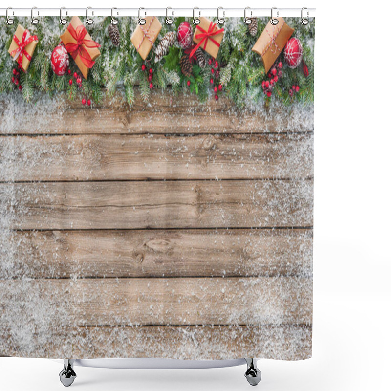 Personality  Christmas Background With Decorations And Gift Boxes Shower Curtains