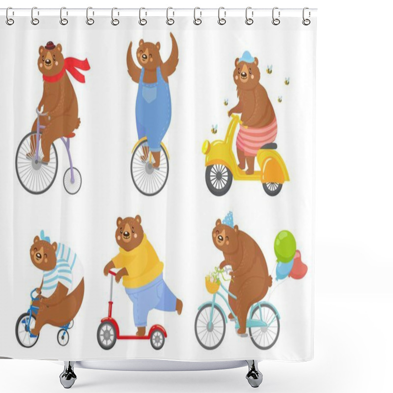 Personality  Cartoon Biked Bear. Bears On Children Tricycle, Unicycle And Retro Bicycle. Animal Riding Bike, Bicycles And Scooter Vector Illustration Set Shower Curtains