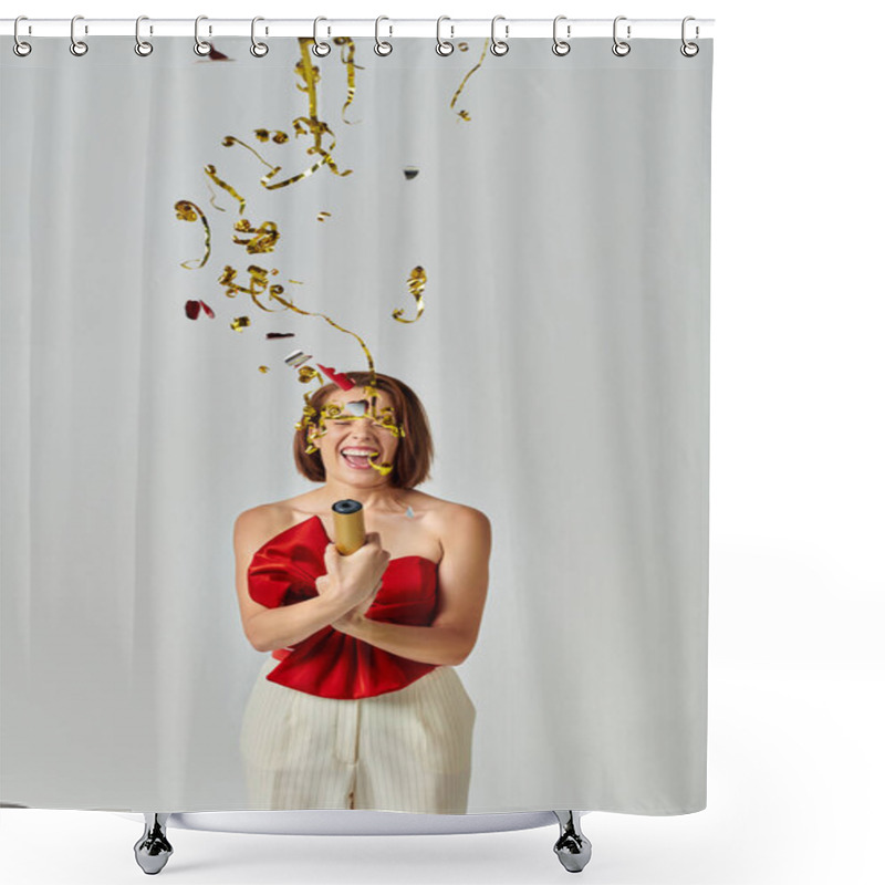 Personality  Happy New Year, Excited Young Woman In Trendy Attire Clapping Festive Confetti On Grey Backdrop Shower Curtains