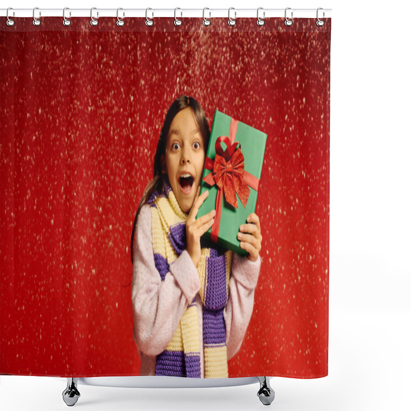 Personality  A Thrilled Girl Beams With Delight While Holding A Beautifully Wrapped Gift During Christmas. Shower Curtains