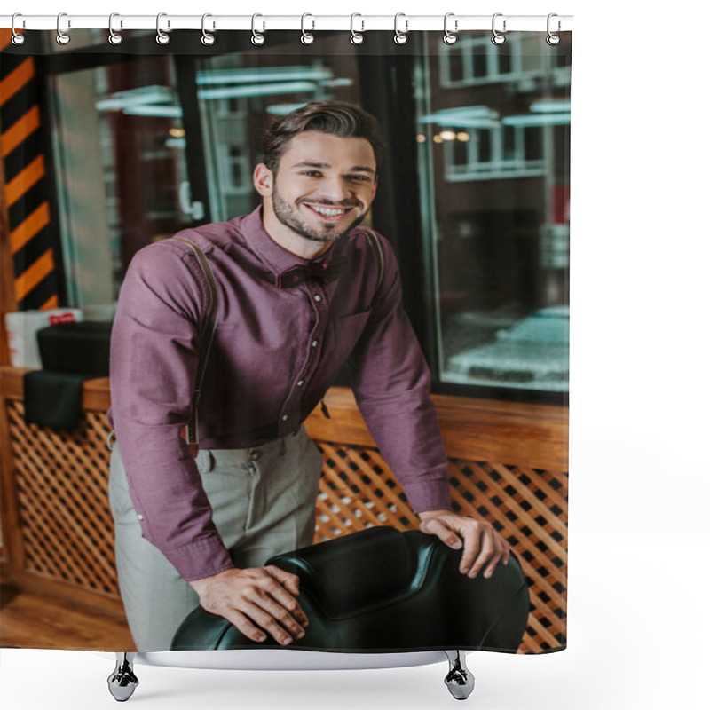 Personality  Happy Bearded Barber Touching Leather Armchair In Barbershop  Shower Curtains