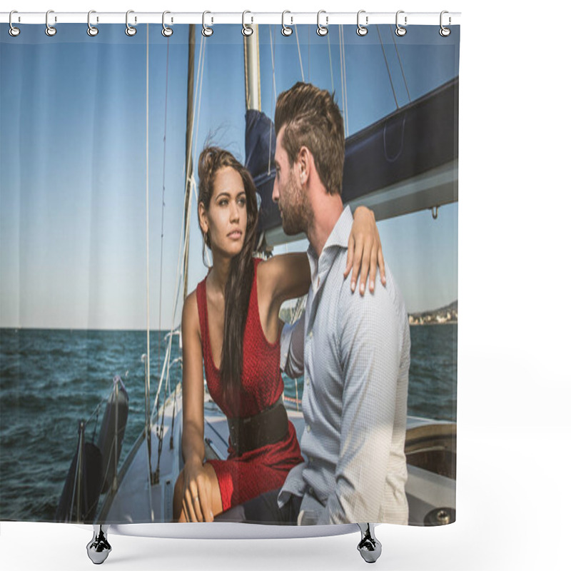 Personality  Happy Couple Taking A Romantic Cruise On The Sail Boat Shower Curtains