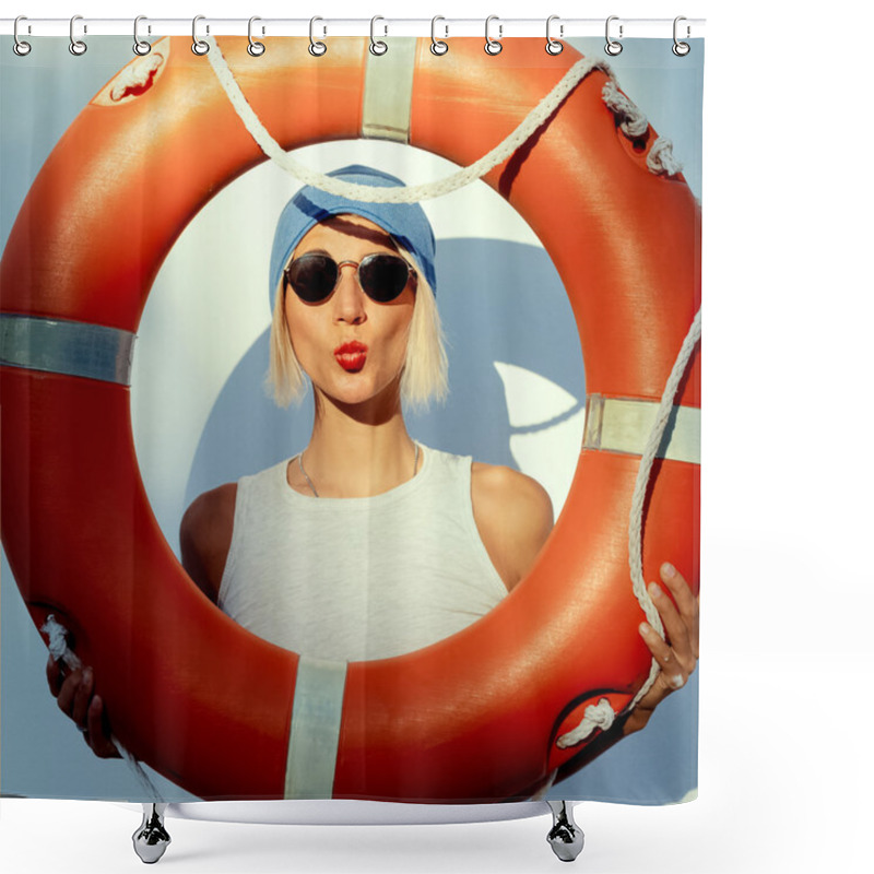 Personality  Funny Fashion Blonde On Wall Background With Orange Lifebuoy Shower Curtains