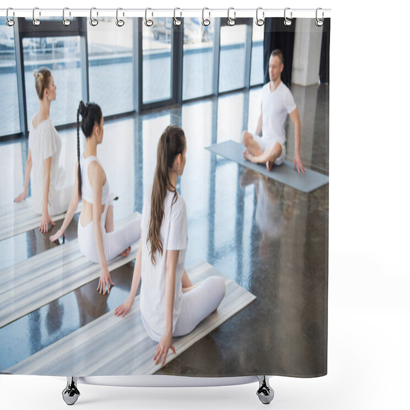 Personality  Women Sitting In Lotus Pose With Instructor Shower Curtains