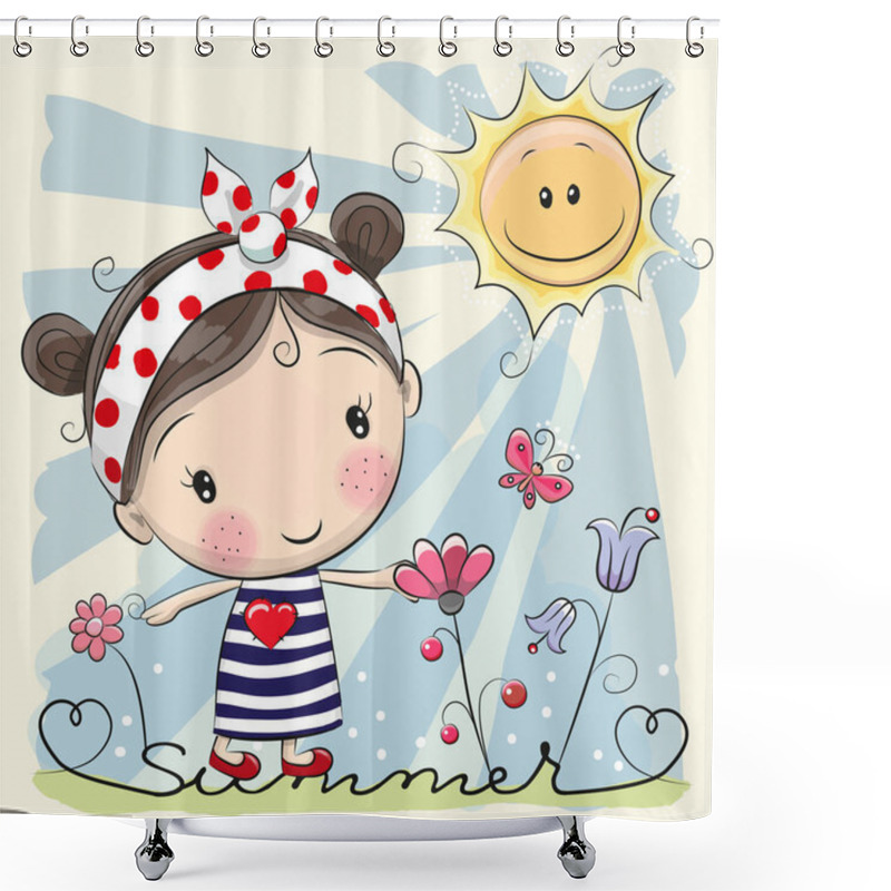 Personality  Cartoon Girl On The Meadow With Flowers Shower Curtains