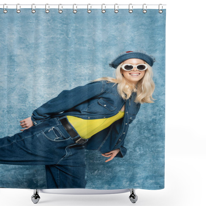 Personality  Pleased Blonde Woman In Denim Panama Hat And Sunglasses Posing Near Blue Textured Background   Shower Curtains