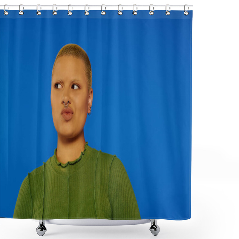 Personality  A Young Woman Showcases Her Bold Fashion Sense With A Distinctive Look And Expression. Shower Curtains