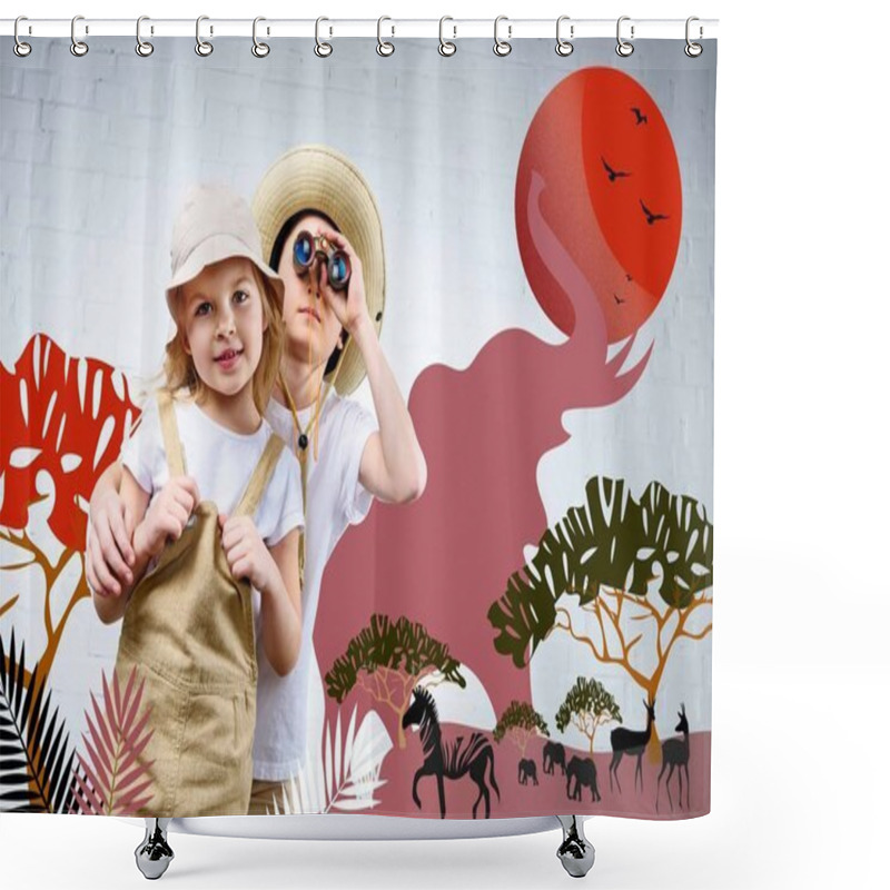 Personality  Siblings In Safari Costumes Hugging And Looking In Binoculars At Zebra, Elephants And Antelopes Shower Curtains