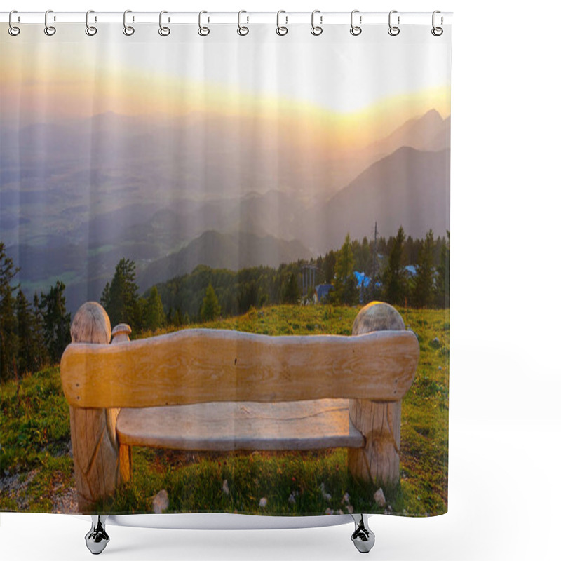 Personality  CLOSE UP: Golden Evening Sunbeams Shine On Empty Wooden Bench In The Mountains. Shower Curtains