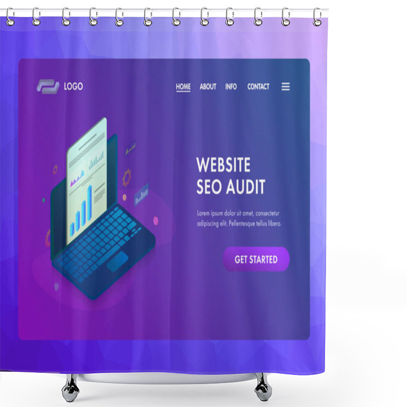 Personality  Website SEO Audit With Online Search Engine Analysis And Analytics Report. Laptop With Graphic And Audit Documentation. UI Isometric Vector Web Page Template For Landing Page, Banner Or Hero Images Shower Curtains