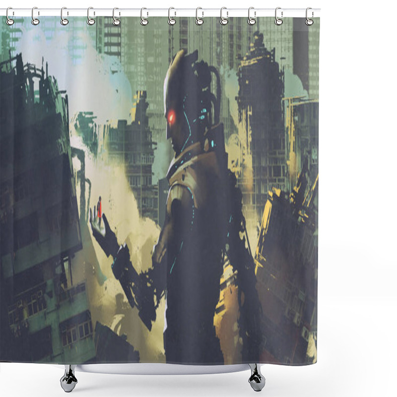 Personality  Giant Futuristic Robot Looking At Woman On Its Hand Shower Curtains