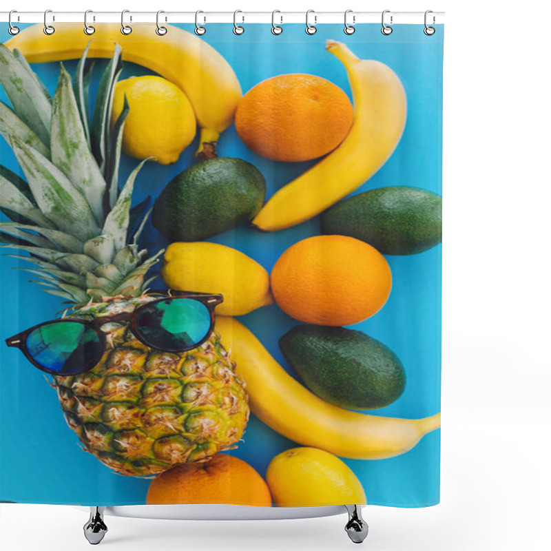 Personality  Stylish Pineapple In Sunglasses And Bananas,oranges,lemons,avocado On Blue Trendy Paper Background, Flat Lay. Summer Multi Fruit Concept, Healthy Lifestyle And Party Vibes Shower Curtains